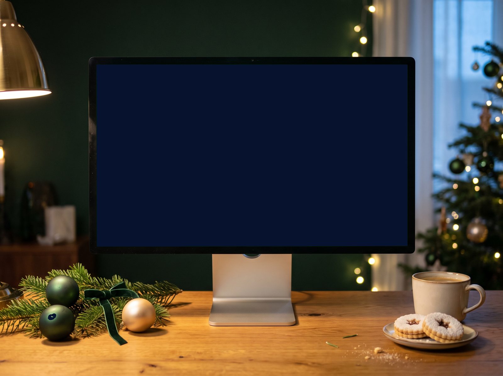 Monitor na drevenom stole s vianočnou výzdobou, na obrazovke ukážkový online adventný kalendár