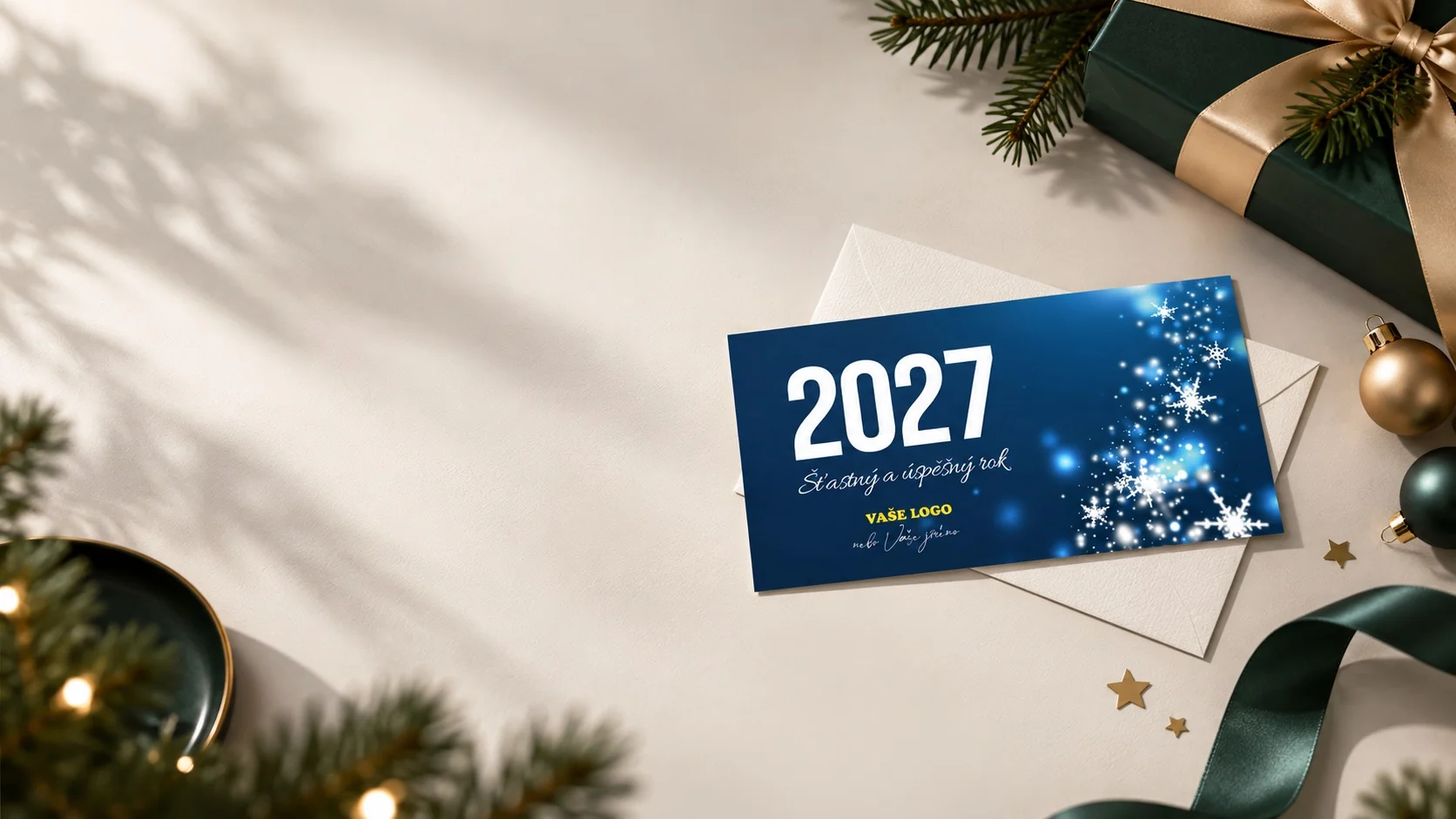Vytištěná novoročenka 2027 na obálce mezi vánočními dárky