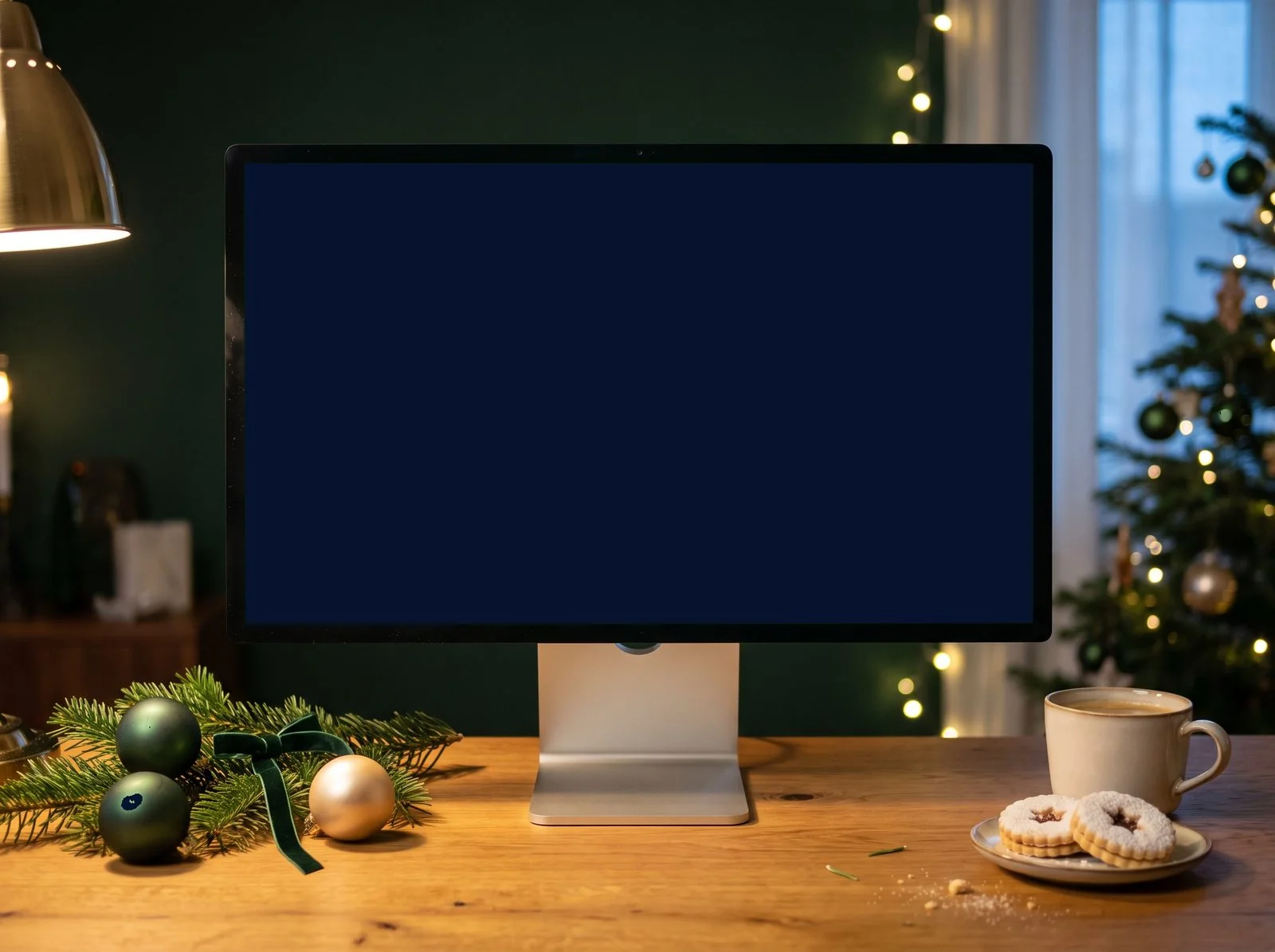 Monitor na dřevěném stole s vánoční výzdobou, na obrazovce ukázkový online adventní kalendář