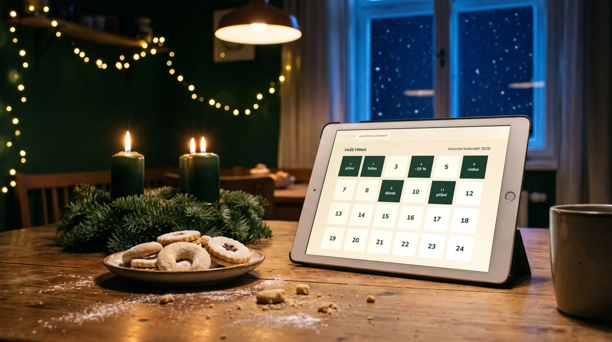 Tablet na stole vedle adventního věnce a cukroví, na displeji adventní kalendář s okénky