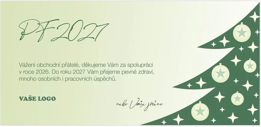 Firemní novoročenka 109 s nadpisem PF 2027, textem přání, místem pro logo a podpisem