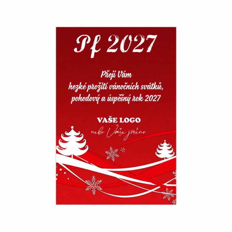 Firemní vánoční etiketa na víno 1 – PF 2027, červený motiv s bílými stromečky.
