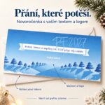 Novoročenka Abstraktní krajina s popisky úpravy vlastního textu a firemního loga.