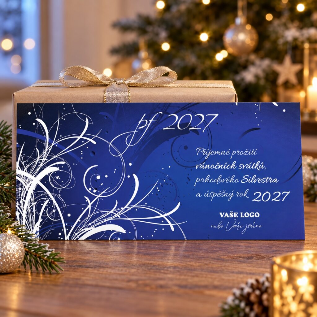 Modrá novoročenka Ornamenty PF 2027 v zátiší s vánočním stromkem a dárkem.