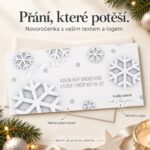 Novoročenka Vločky s popisky vlastního textu, firemního loga a grafického návrhu.