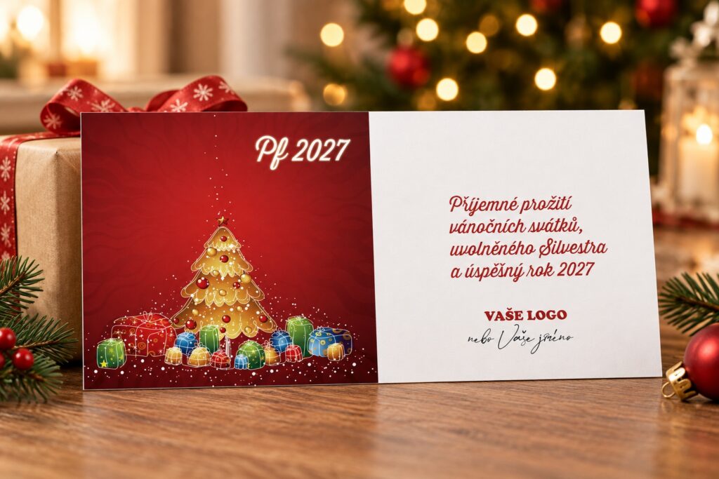 Novoročenka Dárečky PF 2027 ve vánočním zátiší s dárkem a světly.