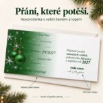 Novoročenka se zelenými ozdobami s popisky možností vlastního textu a loga.