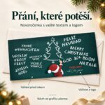 Novoročenka Santa u školní tabule s popisky vlastního textu a loga.