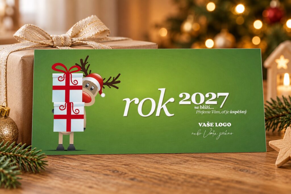 Zelená novoročenka se sobem a dárky s přáním pro rok 2027 ve vánočním zátiší.