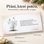 Novoročenka Dáreček s popisky vlastního textu a loga.