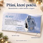 Novoročenka Zimní chaloupka s popisky k vlastnímu textu a logu.