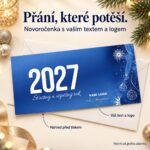 Modrá novoročenka Vánoční symboly s popisky k vlastnímu textu a logu.