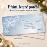 Světle modrá novoročenka Vločky s popisky k vlastnímu textu a logu.