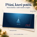 Minimalistický stromek na modrém pozadí – novoročenka s nabídkou vlastního textu a loga.