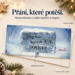 Zasněžená cedule se vzkazem – novoročenka s nabídkou vlastního textu a loga.