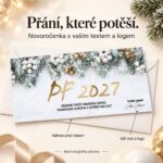 Zasněžené větvičky s přírodními ozdobami – novoročenka s nabídkou vlastního textu a loga.