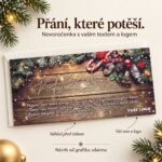 Větvičky, ozdoby a dřevo – novoročenka s nabídkou vlastního textu a loga.