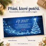 Modrý zářivý vánoční stromek – novoročenka s nabídkou vlastního textu a loga.