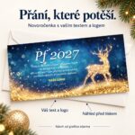 Jelen ve zlaté záři – novoročenka s nabídkou vlastního textu a loga.