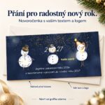 Sněhuláci na noční obloze – novoročenka s nabídkou vlastního textu a loga.