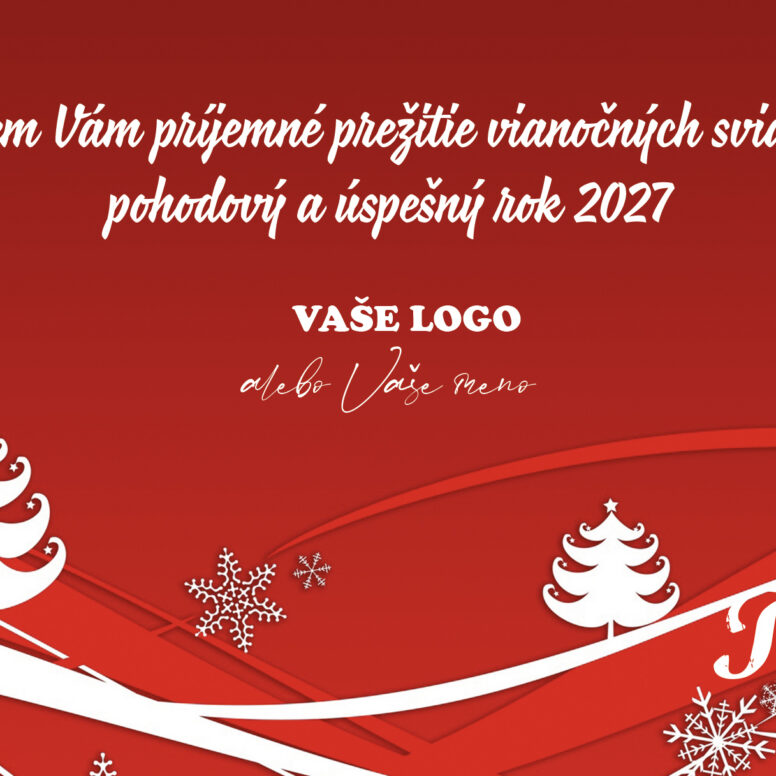 Novoročenka 1 – Vianočná koláž Červená novoročenka Vianočná koláž s bielymi stromčekmi, vlastným textom a logom.
