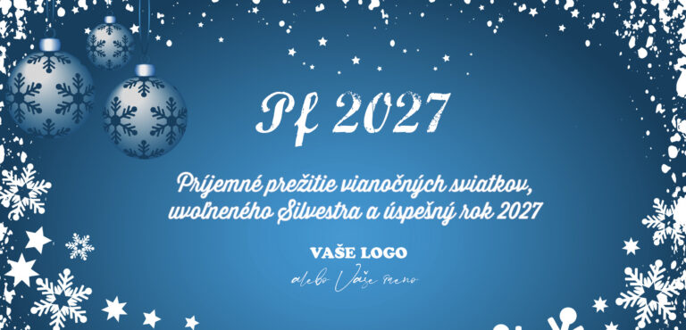 Modrá novoročenka so striebornými ozdobami a bielymi vločkami, vlastným textom a logom.
