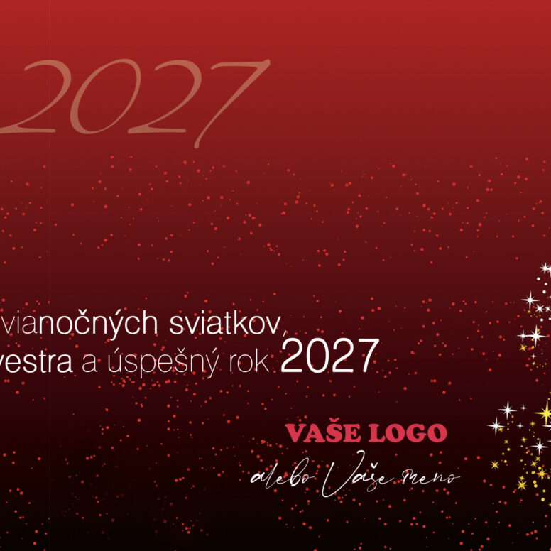 Novoročenka 13 – Abstraktný stromček Červená novoročenka so stromčekom z bielych a zlatých hviezd, vlastným textom a logom.