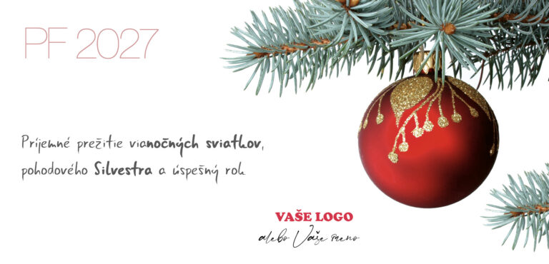Biela novoročenka s červenou vianočnou ozdobou na vetvičke, vlastným textom a logom.