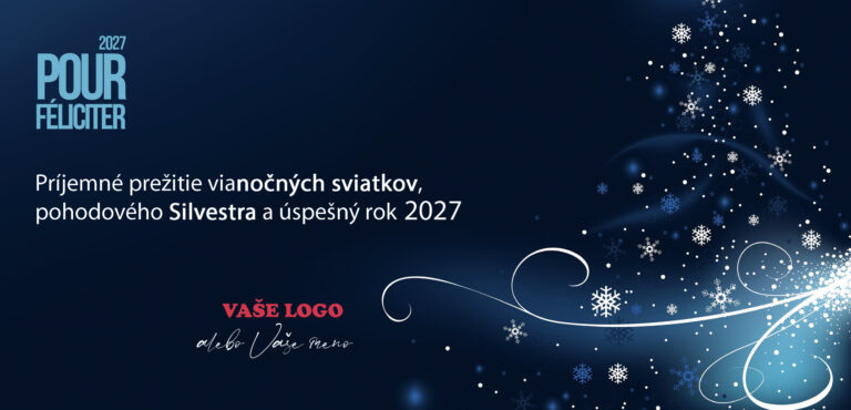 Tmavomodrá novoročenka so stromčekom zo snehových vločiek, vlastným textom a logom.