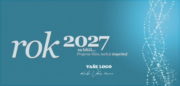Tyrkysová novoročenka s bielymi svetelnými vlnami, vlastným textom a logom.