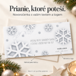 Novoročenka Vločky s popiskami vlastného textu, firemného loga a grafického návrhu.