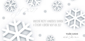 Biela novoročenka s plastickými snehovými vločkami, vlastným textom a logom.