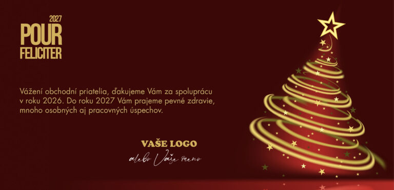 Vínová novoročenka so zlatým stromčekom a hviezdičkami, vlastným textom a logom.