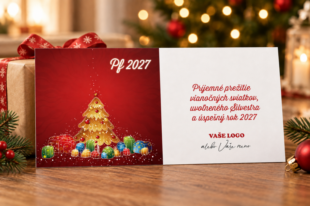 Novoročenka Darčeky PF 2027 vo vianočnom zátiší s darčekom a svetlami.