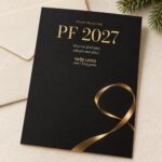 Novoročenka 575 – Zlatá orbita – PF 2027, zlatá stuha a typografie na černém pozadí, A6 na výšku, ilustrační zátiší
