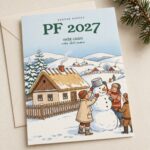 Novoročenka 581 – Sněhulák – PF 2027, kreslené děti stavějící sněhuláka u chalupy, A6 na výšku, ilustrační zátiší