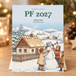Novoročenka 581 – Sněhulák – PF 2027, kreslené děti stavějící sněhuláka u chalupy, A6 na výšku, ilustrační zátiší