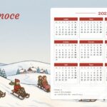 Novoročenka 583 – Sáňkování s kalendářem – PF 2027, děti na saních v zasněžené vesnici, DL na šířku s kalendářem 2027