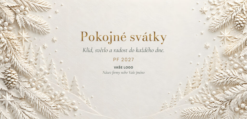 Novoročenka 597 – Bílý reliéf – PF 2027, bílé větvičky, šišky a hvězdy kolem přání, DL na šířku