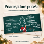 Novoročenka Santa pri školskej tabuli s popiskami vlastného textu a loga.