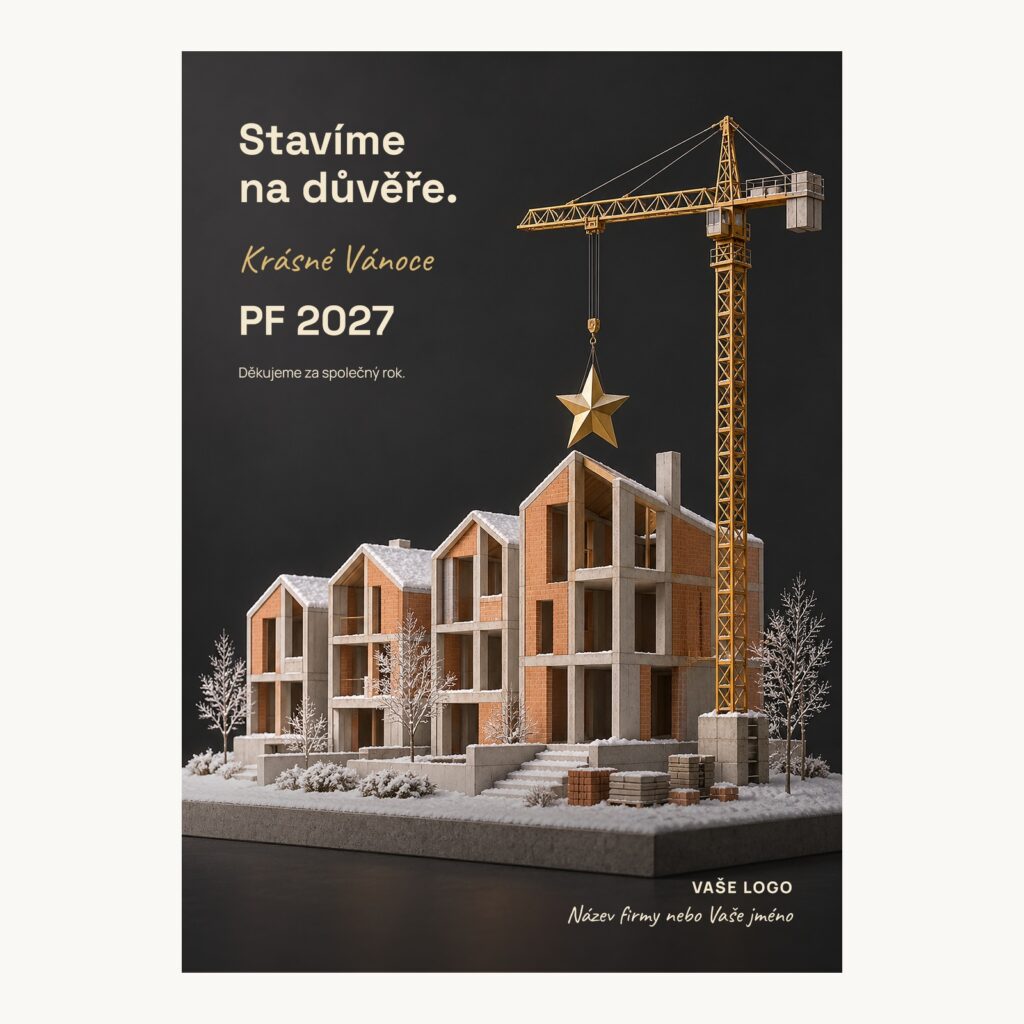 Novoročenka 602 – Vánoční hvězda pro stavbaře – PF 2027, stavební jeřáb se zlatou hvězdou nad rozestavěným domem, A6 na výšku