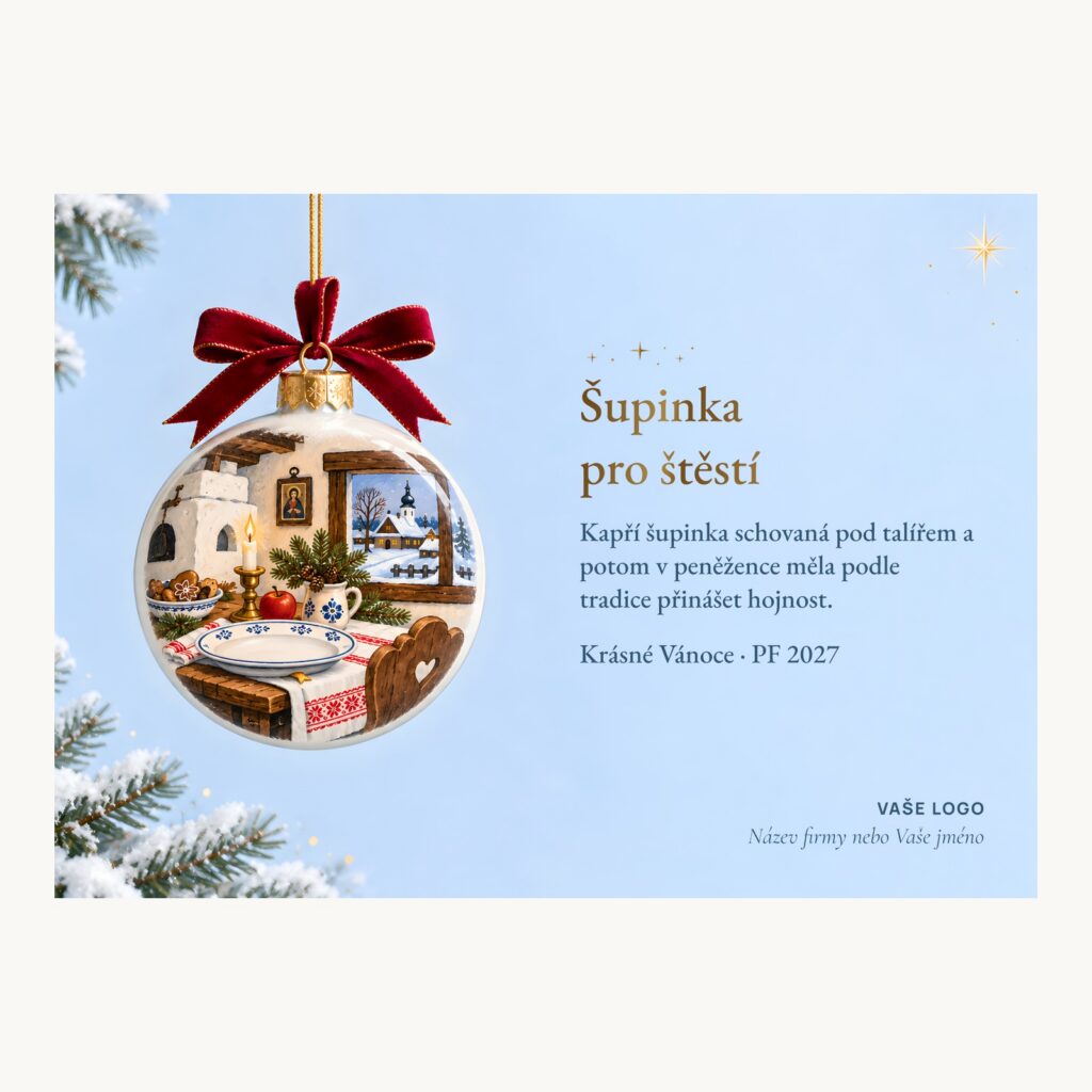 Novoročenka 623 – Šupinka pro štěstí – PF 2027, vánoční koule s kapří šupinkou na svátečním stole, A6 na šířku