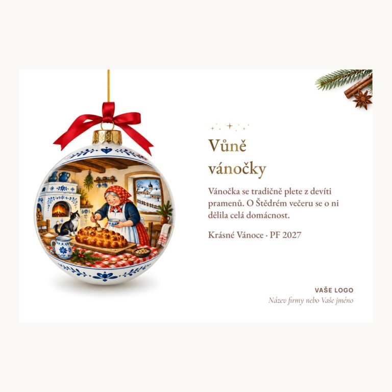 Novoročenka 629 – Vůně vánočky – PF 2027, vánoční koule s babičkou pečící vánočku u kamen, A6 na šířku