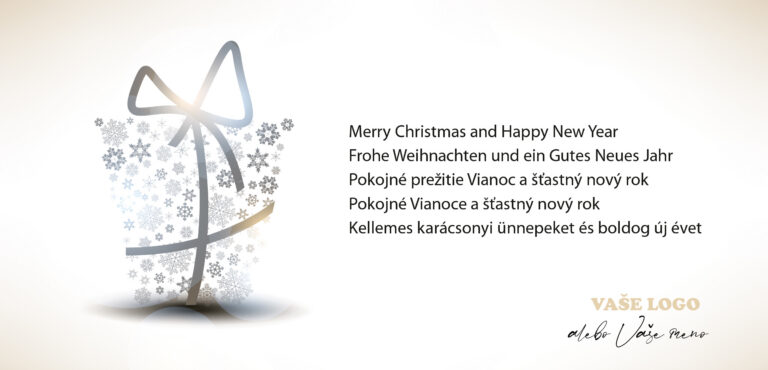 Biela novoročenka s darčekom zo snehových vločiek, viacjazyčným prianím a vlastným logom.