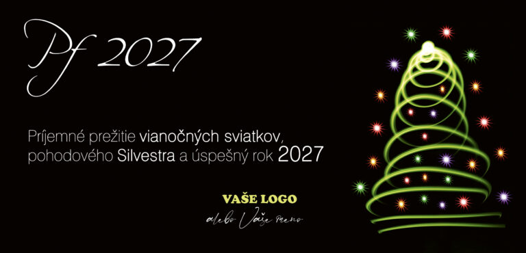 Čierna novoročenka so svetelným stromčekom, vlastným textom a logom.