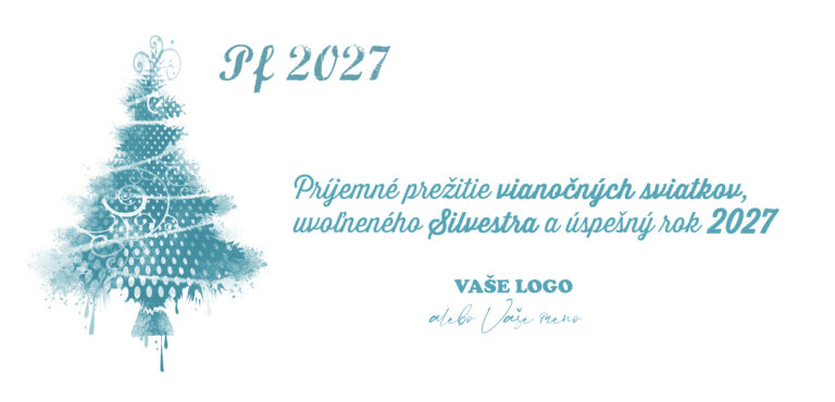 Biela novoročenka s tyrkysovým maľovaným stromčekom, vlastným prianím a logom.