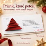 Novoročenka Poskladaný vianočný stromček s popiskami k textu, logu a náhľadu pred tlačou.
