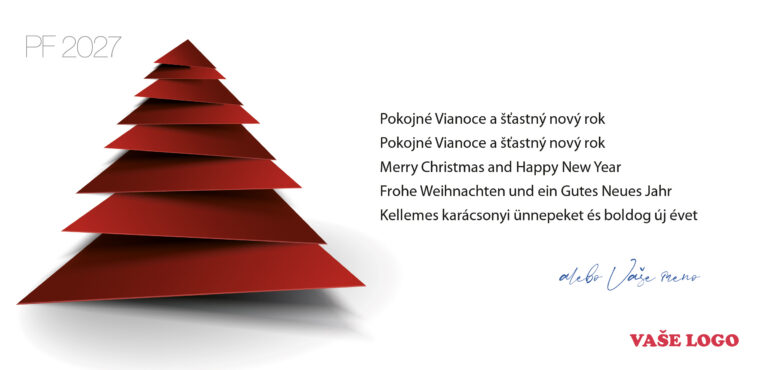 Biela novoročenka s červeným poskladaným stromčekom, viacjazyčným prianím a logom.