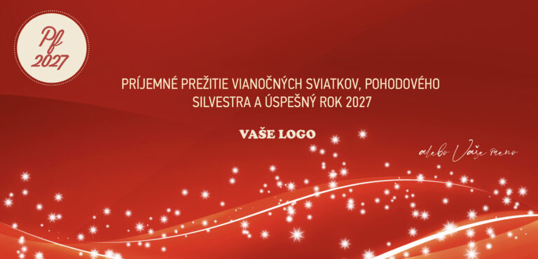 Červená novoročenka s bielymi hviezdičkami, vlastným prianím a logom.